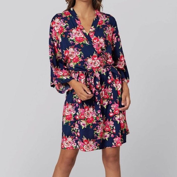 Kennedy Blue Navy and Pink Floral Wrap Robe Tie Belt Kimono Sleeves Standard - Picture 1 of 4